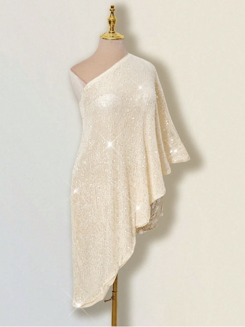 One-Shoulder Sequin Cream Dress Cover-Up - Picture 8 of 14